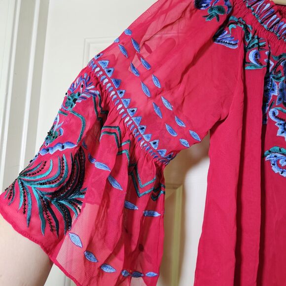 Vintage Collection Women's Red Chiffon Top Tunic Blue Floral Embroidery Beaded L - Picture 11 of 12